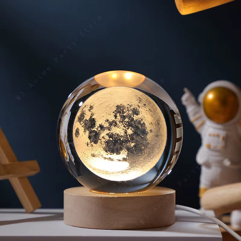 Unique 3D Crystal Ball Night Light Led Lamp Bedside Table Glowing Galaxy Lamp Saturn Planets Moon Children Birthday Gift Toy 5Cm